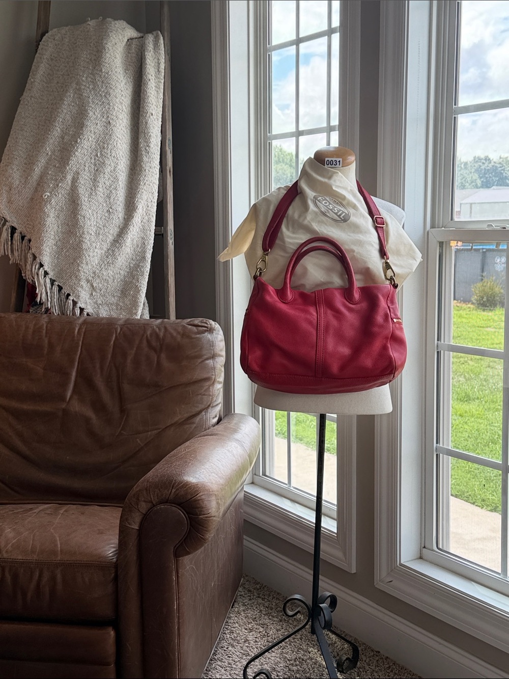 Fossil Red Leather Satchel with Top Handles and Detachable Strap